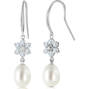 QP Jewellers Aquamarine, Pearl & Diamond Daisy Chain Drop Earrings in 9ct White Gold