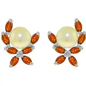 QP Jewellers Pearl & Garnet Ivy Stud Earrings in 9ct White Gold