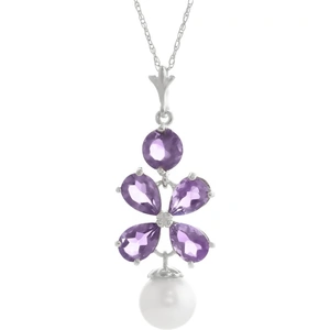 QP Jewellers Amethyst & Pearl Blossom Pendant Necklace in 9ct White Gold
