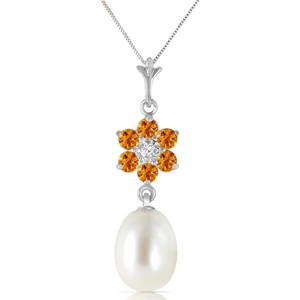QP Jewellers Pearl, Citrine & Diamond Daisy Pendant Necklace in 9ct White Gold