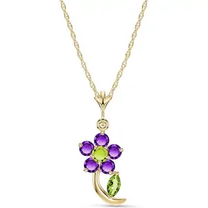 QP Jewellers Peridot & Amethyst Flower Petal Pendant Necklace in 9ct Gold