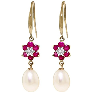 QP Jewellers Pearl, Diamond & Ruby Daisy Chain Drop Earrings in 9ct Gold
