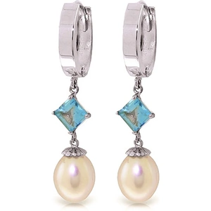 QP Jewellers Pearl & Blue Topaz Droplet Huggie Earrings in 9ct White Gold