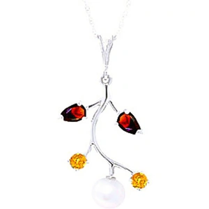 QP Jewellers Pearl, Garnet & Citrine Vine Pendant Necklace in 9ct White Gold
