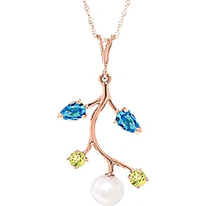 QP Jewellers Pearl, Blue Topaz & Peridot Vine Pendant Necklace in 9ct Rose Gold