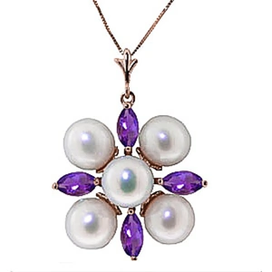 QP Jewellers Pearl & Amethyst Pentagonal Pendant Necklace in 9ct Rose Gold
