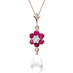 QP Jewellers White Topaz, Ruby & Diamond Flower Pendant Necklace in 9ct Rose Gold