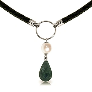 QP Jewellers Emerald & Pearl Leather Pendant Necklace in 9ct White Gold