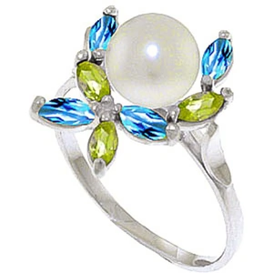 QP Jewellers Pearl, Peridot & Blue Topaz Ivy Ring in 18ct White Gold