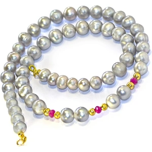 Regenz Gold Plated Silver Grey Silver Pearl & Natural Ruby Necklace