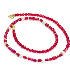 Regenz Gold Plated Silver Natural Red Coral, Pearl & Ruby Necklace