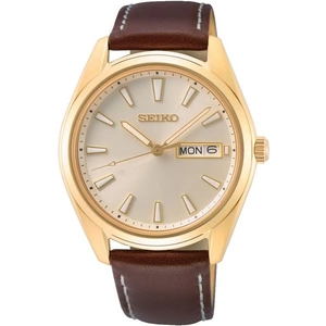 Seiko Mens Gold Tone Brown Leather Strap Watch SUR450P1