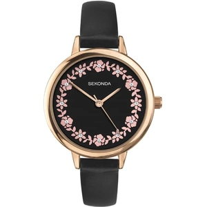 Sekonda Ladies Editions Black Floral Stone Set Dial Leather Strap Watch 2818