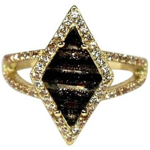 Shimmer by Cindy Yellow Gold Plated Kite Ring With Black Glass Stone - UK O - US 7.25 - EU 55.1