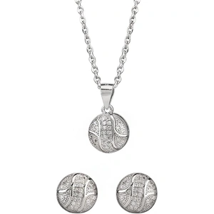 Silver Sparkle Silver Cubic Zirconia Textured Button Pendant and Earring Set E610348+P610561