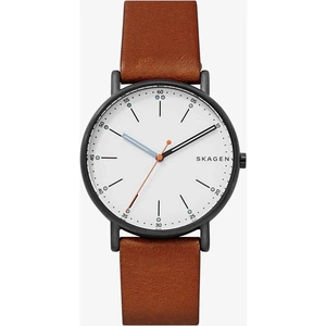 Skagen Mens Signatur Stainless Steel White Dial Brown Leather Strap Watch SKW6374