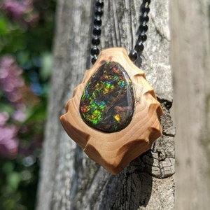 Stone N' Seed Ammolite Set in Burl Necklace