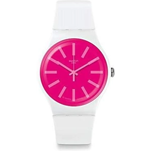 Swatch Strawbeon White Silicone Strap Hot Pink Dial Ladies Watch SUOW162 41mm