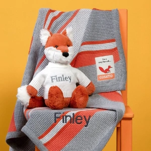 That's mine Personalised Cosatto Grey and Orange Stripe Blanket and Jellycat Soft Toy Gift Set