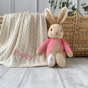 That's mine Toffee Moon Personalised Luxury Cable Baby Blanket and Flopsy Bunny Soft Toy