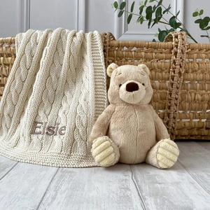 That's mine Toffee Moon Personalised Luxury Cable Baby Blanket and Winnie the Pooh Soft Toy