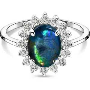 The Jewellery Channel Australian Boulder Opal (Ovl 10x8) and Natural Zircon Halo Ring in Sterling Silver 1.95 Ct
