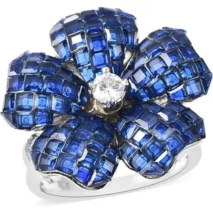 The Jewellery Channel Lustro Stella - Mystery Setting Simulated Blue Sapphire and Simulated Diamond Floral Ring in Rhodium Overlay Sterling Silver