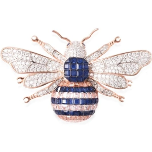 The Jewellery Channel Lustro Stella Blue Spinel, Simulated Blue Sapphire and Simulated Champagne and White Diamond Honeybee Brooch in Two-Tone Overlay Sterling Silver, Silver wt. 8.34 gms