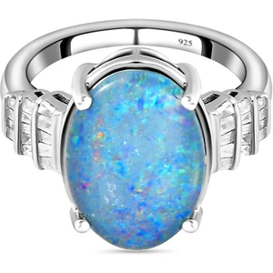 The Jewellery Channel Australian Boulder Opal (Ovl 14x10mm) and Diamond Ring in Platinum Overlay Sterling Silver 3.73 Ct