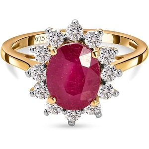 The Jewellery Channel African Ruby (FF) and Natural Cambodian Zircon Halo Ring in 14K Gold Overlay Sterling Silver