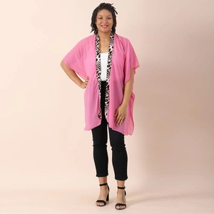 The Jewellery Channel JOVIE Chiffon Kimono with Leopard Printed Border (Size 80x85cm) - Pink