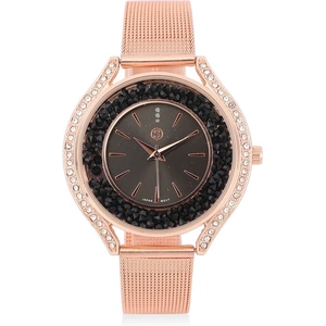 The Jewellery Channel STRADA Japanese Movement Black Dial White & Black Crystal Studded Water Resistant Watch in Rose Gold Colour Mesh Belt