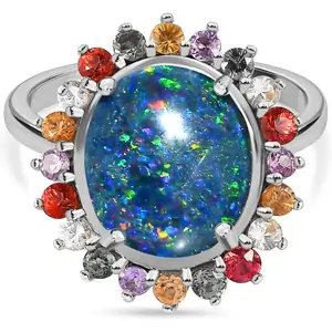 The Jewellery Channel Boulder Opal and Multi Sapphire Ring in Platinum Overlay Sterling Silver 3.82 Ct
