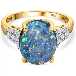 The Jewellery Channel Boulder Opal & Moissanite Ring in 18K Vermeil Yellow Gold Plated Sterling Silver 2.91 Ct