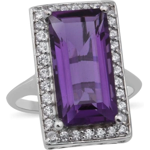 The Jewellery Channel Lusaka Amethyst and Natural Cambodian Zircon Ring in Rhodium Overlay Sterling Silver 9.19 Ct