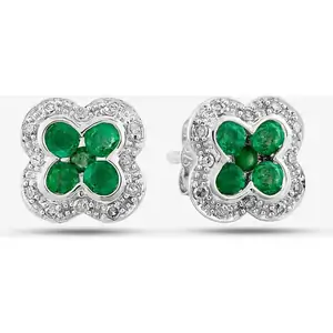 TJH Collection 9ct White Gold Emerald and Diamond Quatrefoil Cluster Stud Earrings PE04942 EM