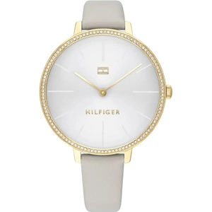 Tommy Hilfiger Kelly Gold Plated White Dial Crystal Set Bezel Grey Leather Strap Watch 1782110