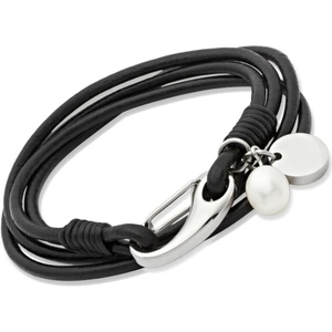 Ladies Unique & Co Stainless Steel Black Leather Bracelet