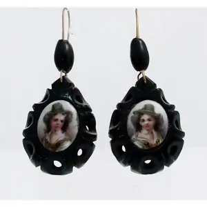 W Hamond Antique Whitby Jet Antique Carved Teardrop Coloured Cameo Drop Earrings